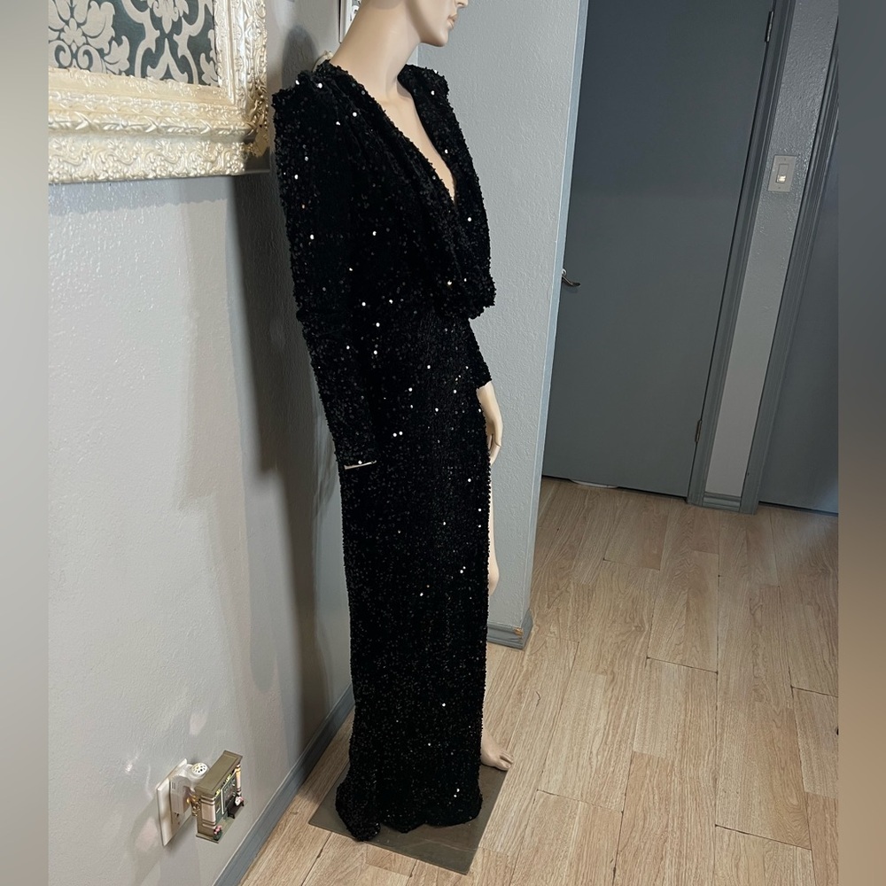 Black Sequin Deep V-Neck cowl neckline Long Sleeve Evening Gown - Picture 6 of 14
